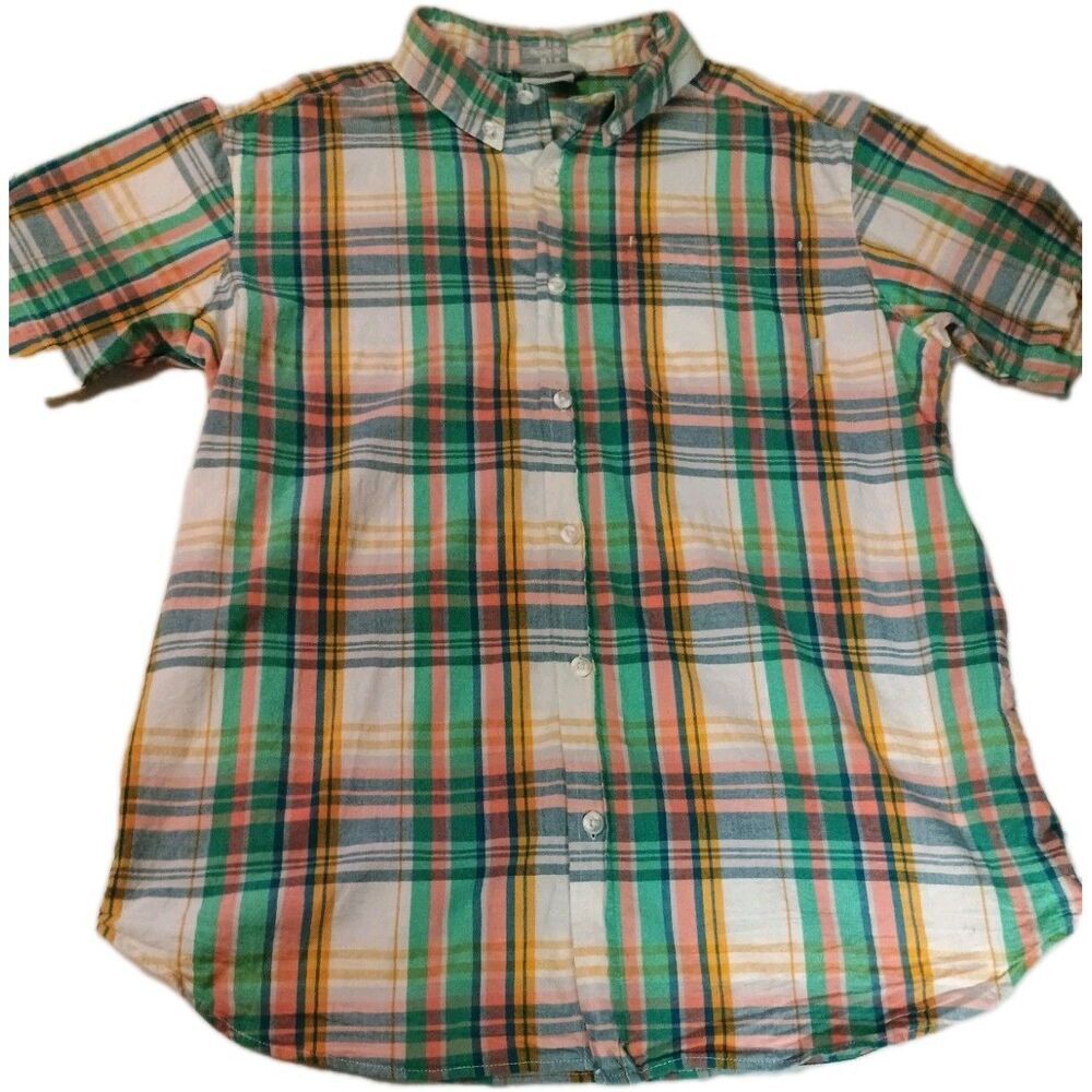Columbia Mens Large Short Sleeve Plaid Button Down Shirt Teal Blue 100% Cotton - Picture 13 of 16